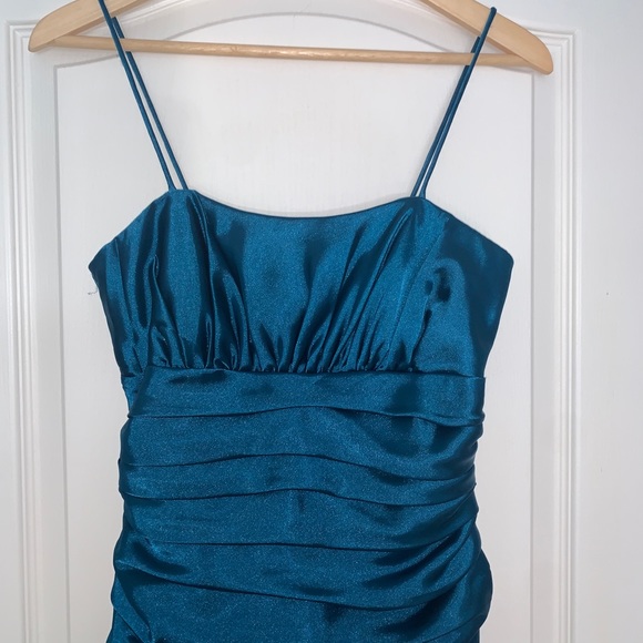 Teal Satin Rouched Mini Dress 2 - Picture 2 of 7